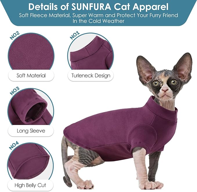 SUNFURA Turtleneck Sweater for Cat, Sphynx Cats Shirt Hairless Cat Sweaters with Sleeves, Warm and Soft Kitten Pullover Fleece Winter Pajamas Jumpsuit for Puppy Cats, Purple S