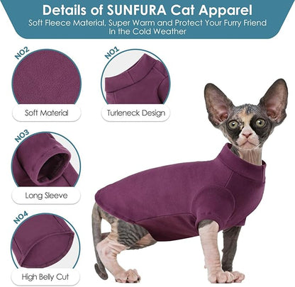 SUNFURA Turtleneck Sweater for Cat, Sphynx Cats Shirt Hairless Cat Sweaters with Sleeves, Warm and Soft Kitten Pullover Fleece Winter Pajamas Jumpsuit for Puppy Cats, Purple S
