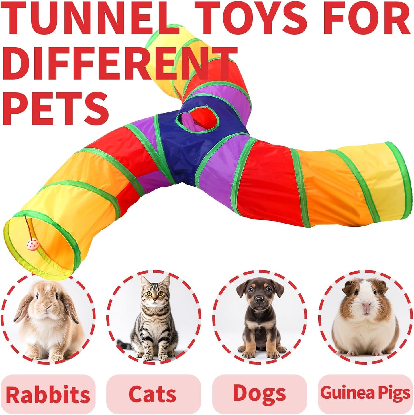 Pet Cat Tunnel, 3 Way Tunnels for Indoor Cats, Collapsible Pet Tunnel for Kitten, Puppy, Rabbit, 25cm-Wide Tunnels, Durable & Breathable, with Peek Hole Toy Ball