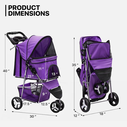 MoNiBloom 3 Wheels Pet Dog Cat Stroller for Small Medium Dogs Cats, Lightweight Foldable Jogger Stroller w/Storage Basket and Cup Holder, Purple