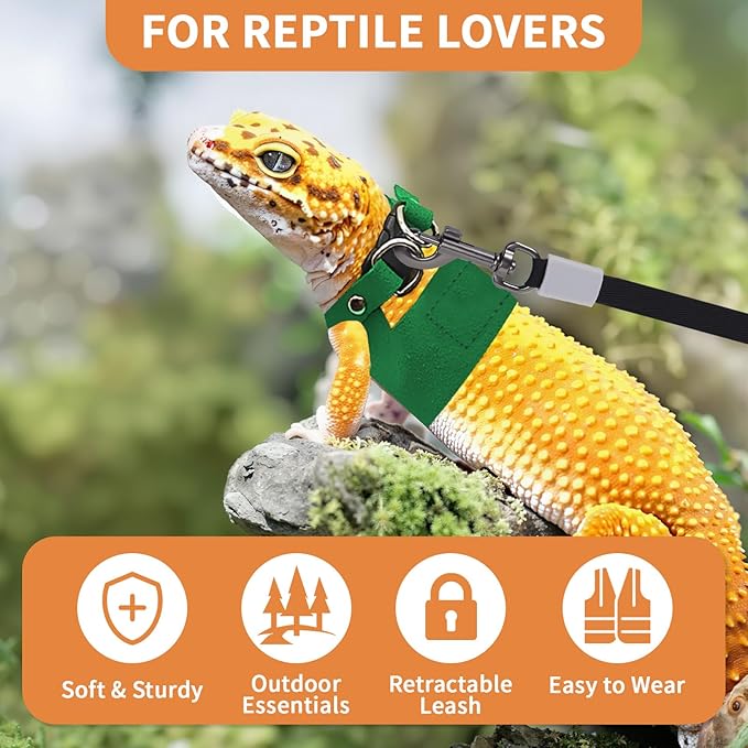 3 Pack Bearded Dragon Leash and Harness Set, Retractable 9.8FT Leash with 3 Sizes Adjustable Soft Harness for Reptile Small Animals Walking, Cute Lizard Vest Clothes for Reptile Lovers -Green