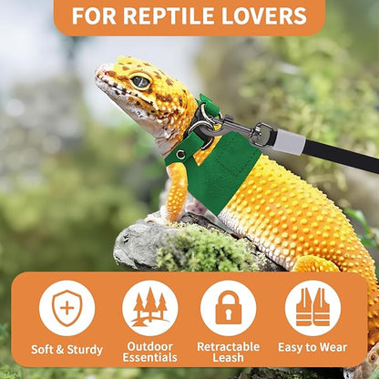 3 Pack Bearded Dragon Leash and Harness Set, Retractable 9.8FT Leash with 3 Sizes Adjustable Soft Harness for Reptile Small Animals Walking, Cute Lizard Vest Clothes for Reptile Lovers -Green