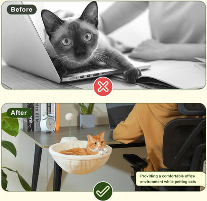 PAWZ Road Cat Bed for Desk, Large Cats Hammock with Plush Ball，12 Inches in Diameter,Space-Saving Cat Desk Bed, White Cats Hammock for Table Supports Up to 40lbs, Medium