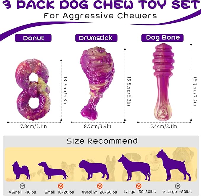 WinTour Dog Chew Toys for Aggressive Chewers 3 Pack, Indestructible Dog Toy to Keep Them Busy, Tough Dog Toys for Aggressive Chewers for Small, Medium and Large Breeds, Beef Flavor, Purple