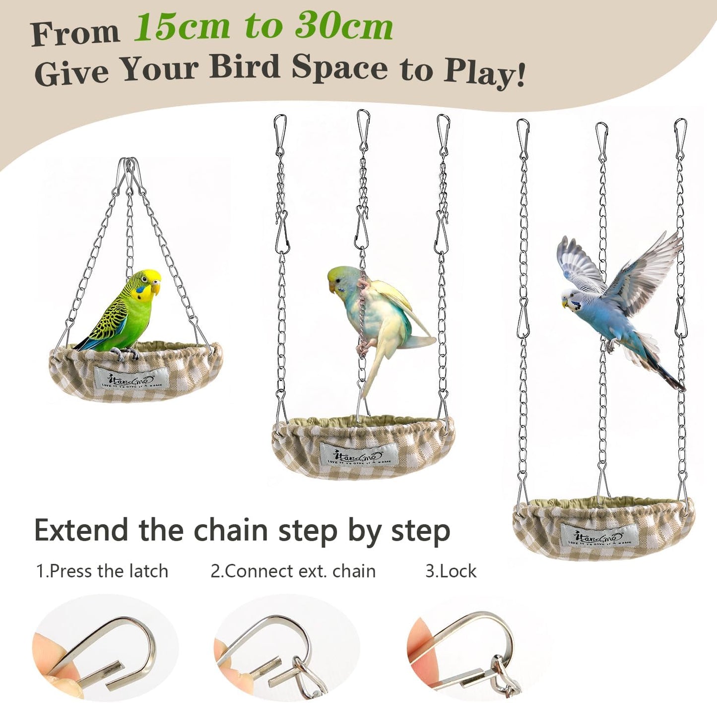 Waterproof Bird Bed with Adjustable Chain, Customizable Height Hanging Bird Hammock for Cage, Small Size Bird Nest with Durable Non-Collapsible Bottom, Bird Hut for Conures, Budgies (Khaki)