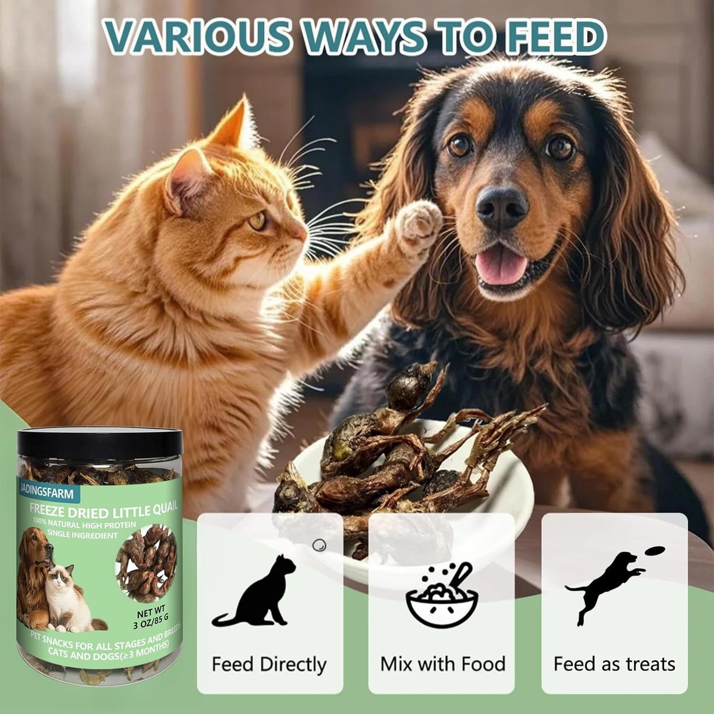 Freeze Dried Little Quail, 3 Oz Quail Dogs Cat Treats, Single Ingredient Freeze Dried Cat and Dog Treats Delicious Training Snacks, Natural Food Healthy Animal Protein Pet Food