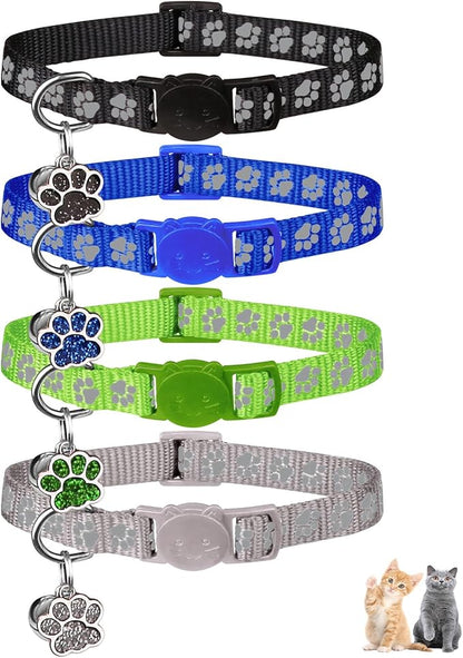 4PCS Breakaway Cat Collars,Reflective Cat Collar with Bells,Kitten Collars for Boy&Girl Cats Breakaway Collar for Cats with Paw Pendant 7.5-12.6 Inch(Black+Blue+Green+Grey)