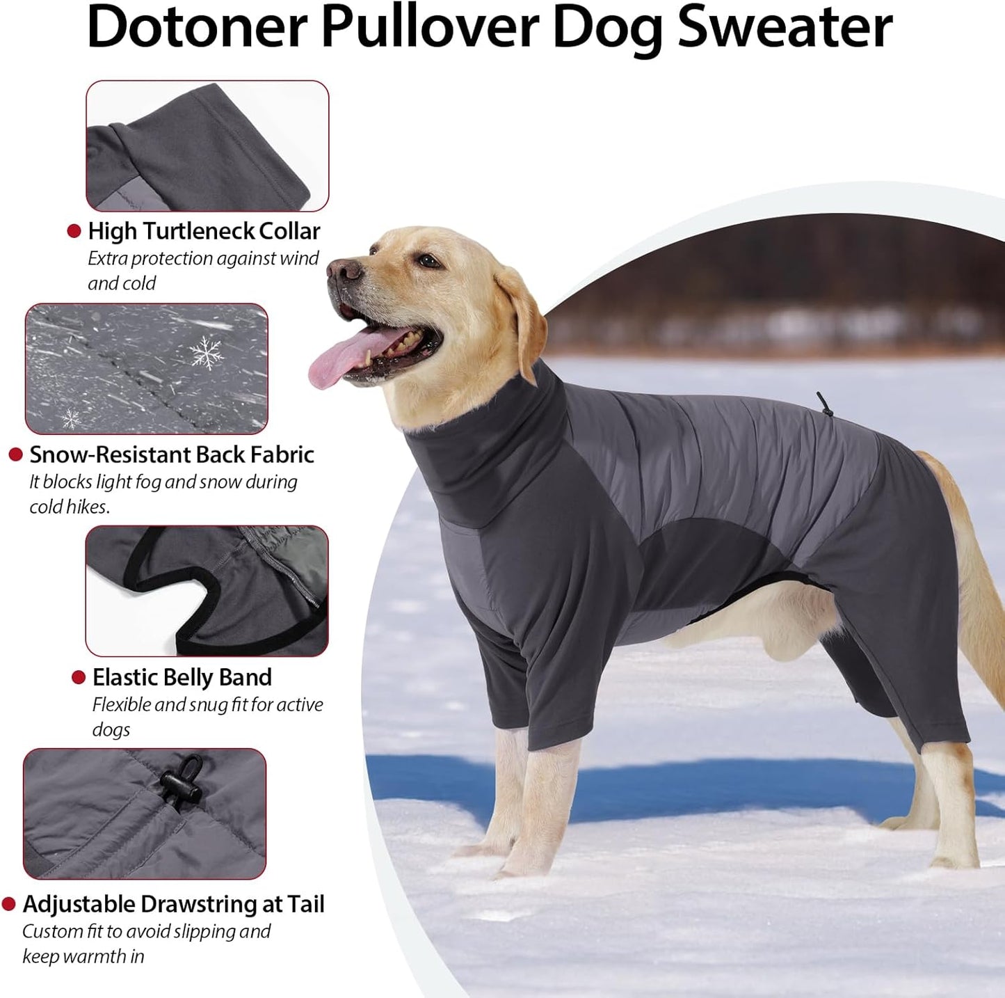 Dotoner Dog Sweater Warm Fleece Pullover Winter Sweatshirt with Turtleneck Leash Opening Waterproof Back Four Leg Cozy Clothes for Medium Large and Small Dogs