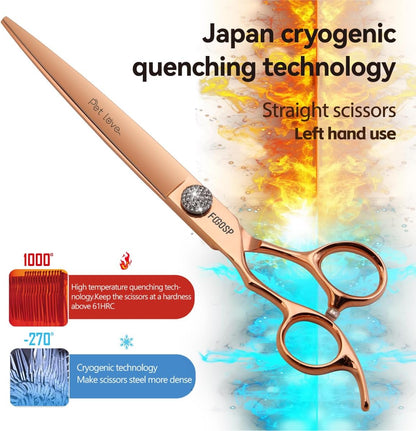 8'' Professional Left Handed Dog Grooming Scissors Straight Long Large Grooming Shears for Dogs Pet Rose Gold Titanium Japan 440C Lefty Hand Dog Hair Cutting Scissors for Poodle(8,Straight)