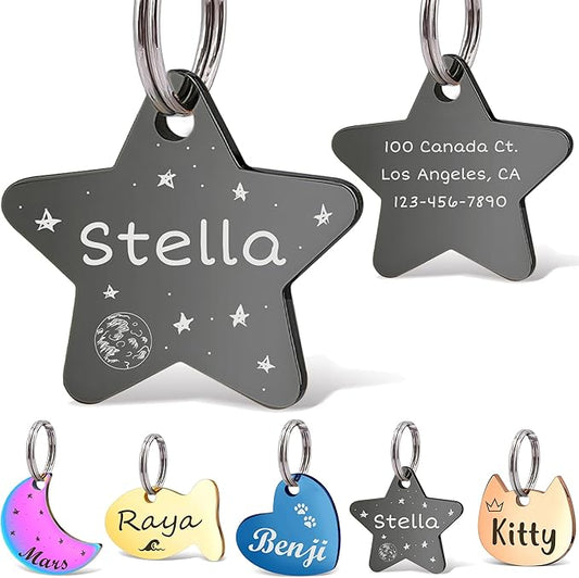 Anavia Small Size Dog Cat ID Tags, Small/XS Personalized Color Plated Stainless Steel Puppy Kitten Name Tags, Customized Engraved Nameplate Pet Collar Tag (Black, Star)