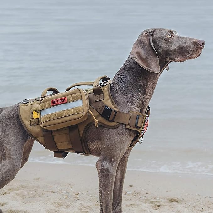 OneTigris Large Tactical Dog Harness, No Pulling Adjustable Dog Vest Harness, Heavy Duty Dog Harness with Handle, Large Hook and Loop Panels for Patch Brown