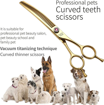 Fenice Peak Professional Dog Grooming Scissors Pet Curved Chunker Shears 7.0'' Extremely Sharp Blades 440C Steel Thinning Scissors Durable Smooth Motion & Fine Cut for Dogs and Cats(Gold)
