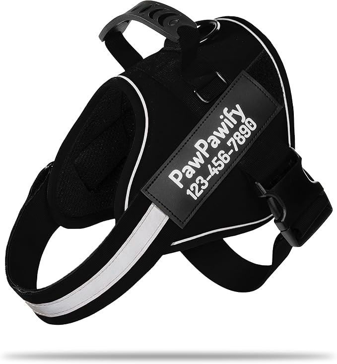 PawPawify Custom No Pull Dog Harness with Name and Phone Number, Heavy Duty Personalized Pet Vest to Prevent Tugging, Pulling, or Choking, Training and Walking (New Black, XS (5-9LBS))
