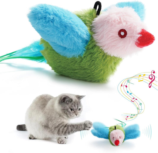 Flapping Bird Cat Toy, Interactive Catnip Kitten Toy with Lifelike Chirping, Rechargeable & Touch Activated for Bored Indoor Adult Cats of All Breeds, Green
