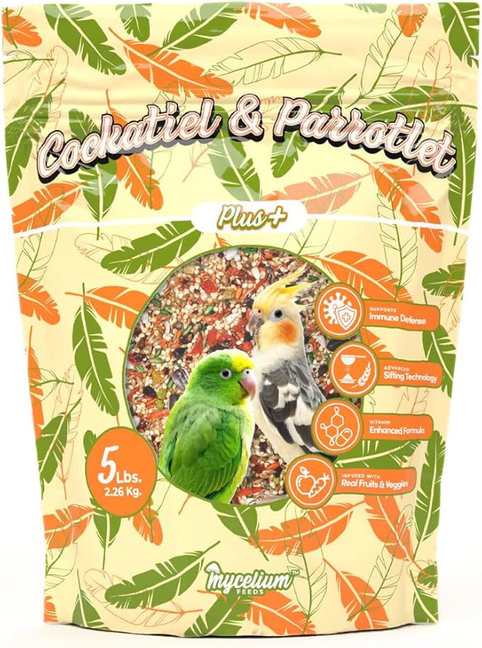 Mycelium Cockatiel & Parrotlet Plus Bird Seed (5 LB Bag) | Organic Pet Bird Food w/Fruits, Veggies & Pellets | Vitamin-Enriched Complete Daily Blend | Non-GMO, No Fillers, Made in USA