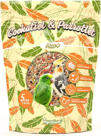 Mycelium Cockatiel & Parrotlet Plus Bird Seed (5 LB Bag) | Organic Pet Bird Food w/Fruits, Veggies & Pellets | Vitamin-Enriched Complete Daily Blend | Non-GMO, No Fillers, Made in USA