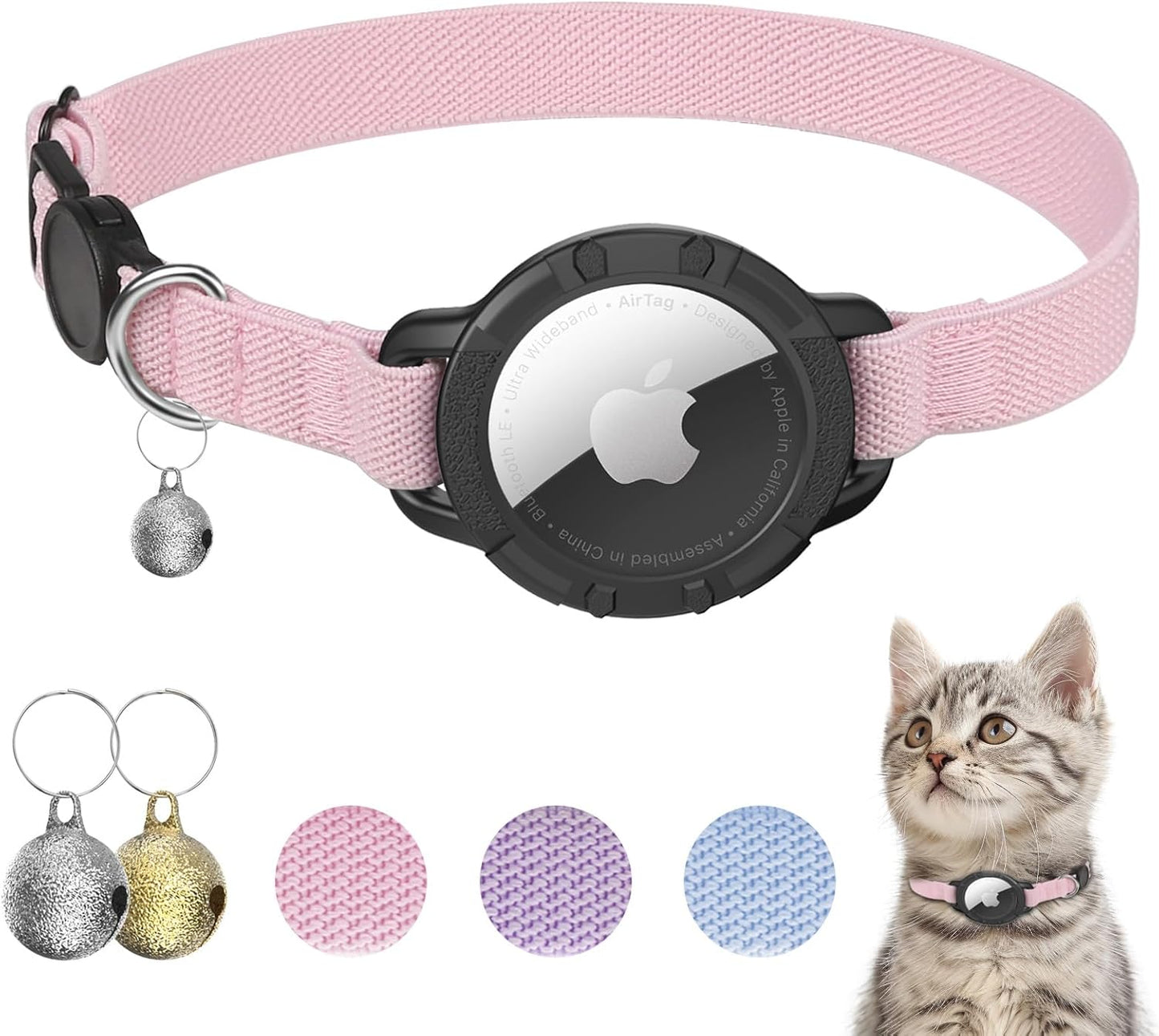 AirTag Cat Collars, Stretchy Collar with Apple AirTag Holder and Bell, Breakaway Ultra Design Elastic GPS Tracking Collars for Cats and Puppies, (7.5-12.5 Inch), Pink