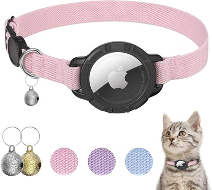 AirTag Cat Collars, Stretchy Collar with Apple AirTag Holder and Bell, Breakaway Ultra Design Elastic GPS Tracking Collars for Cats and Puppies, (7.5-12.5 Inch), Pink
