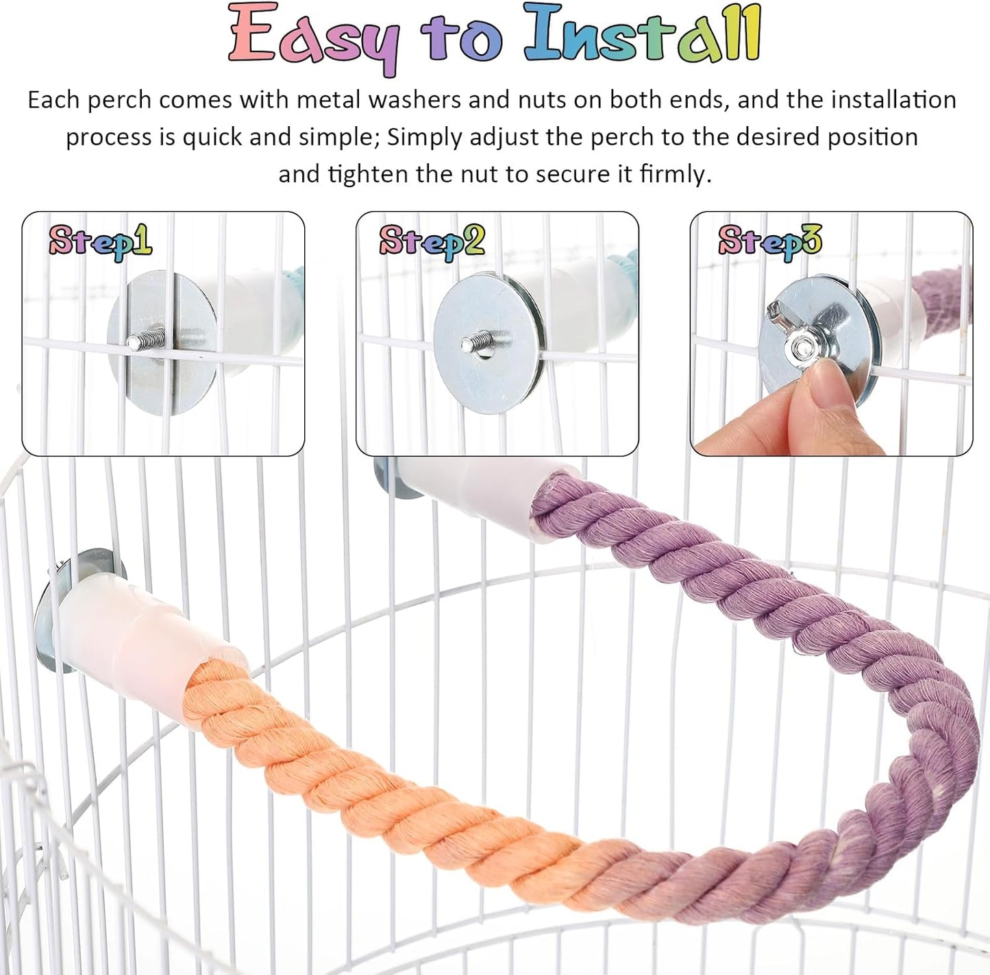 Skyygemm 2 Pcs Gradient Bird Rope Perch Stand 39.4" and 16.3" Bird Cage Climbing Rope Toys Accessories Multicolor Cotton Perches for Parrots, Cockatiels, Parakeets, Budgies, Lovebird, Conures, Finches