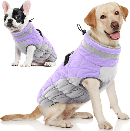 AOFITEE Dog Coat, Warm Dog Winter Coat, Reflective Turtleneck Large Dogs Jacket with Harness Built in, Turtleneck Pet Winter Jacket, Waterproof Pet Snow Jackets Fleece Vest, Lilac XL