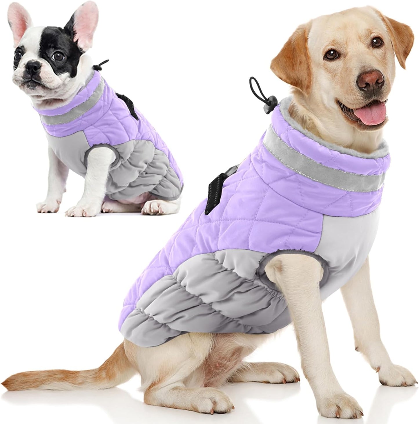 AOFITEE Dog Coat, Warm Dog Winter Coat, Reflective Cold Weather Dogs Puffer Jacket with Harness Built in, Waterproof Pet Fleece Vest Snowsuit for Small Medium Large Dogs, Lilac L