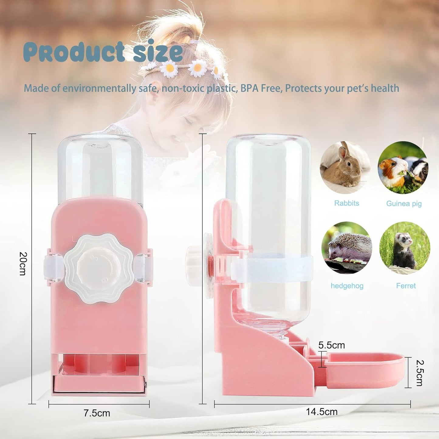 Rypet Rabbit Water Bottle No Drip - 17oz Hanging Water Fountain Automatic Dispenser Pet Cage Water Feeder for Bunny Chinchilla Guinea Pig Hedgehog Ferret Pink