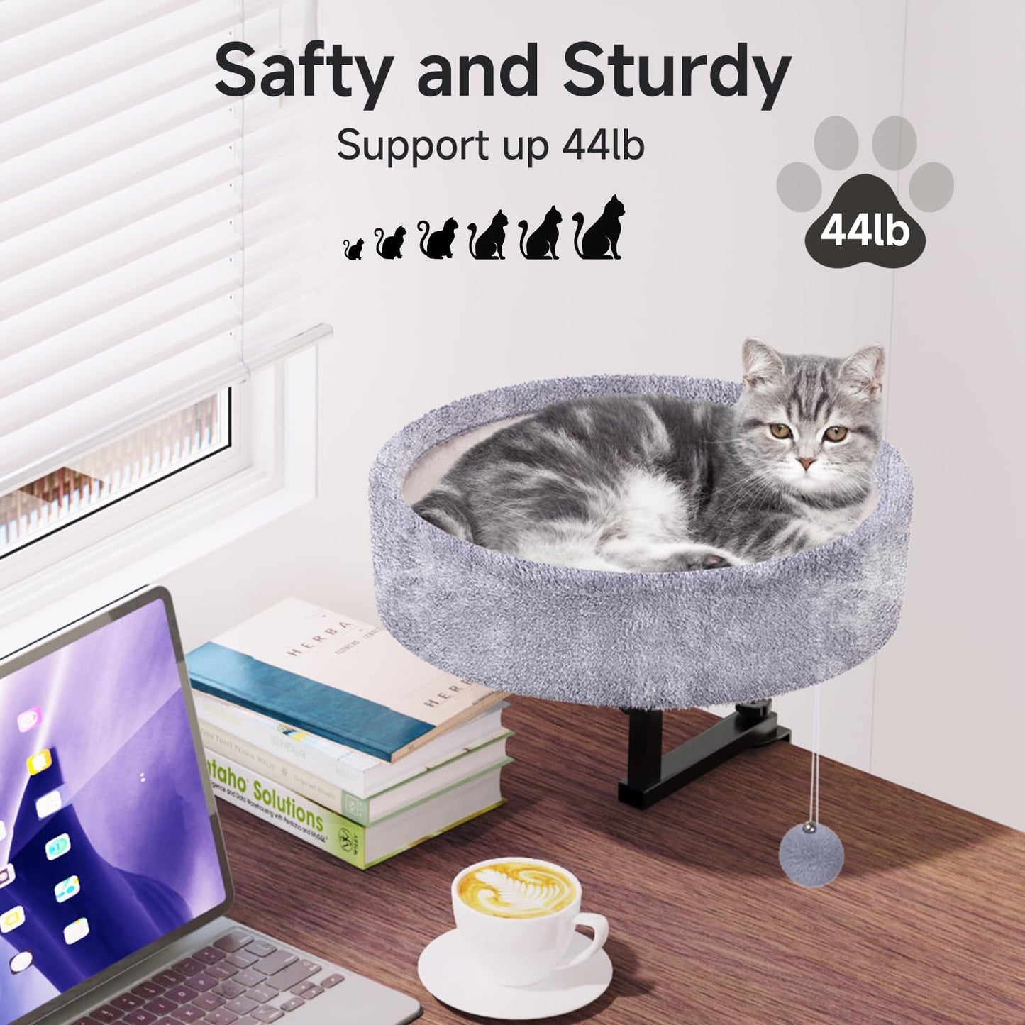 Cat Desk Bed - 360° Rotating & Adjustable, Supports 44 lbs, Soft Faux Fur with Dual-Sided Reversible Mat, Modern Indoor Cat Nest Furniture for Office Desks and Game Tables, Island Table