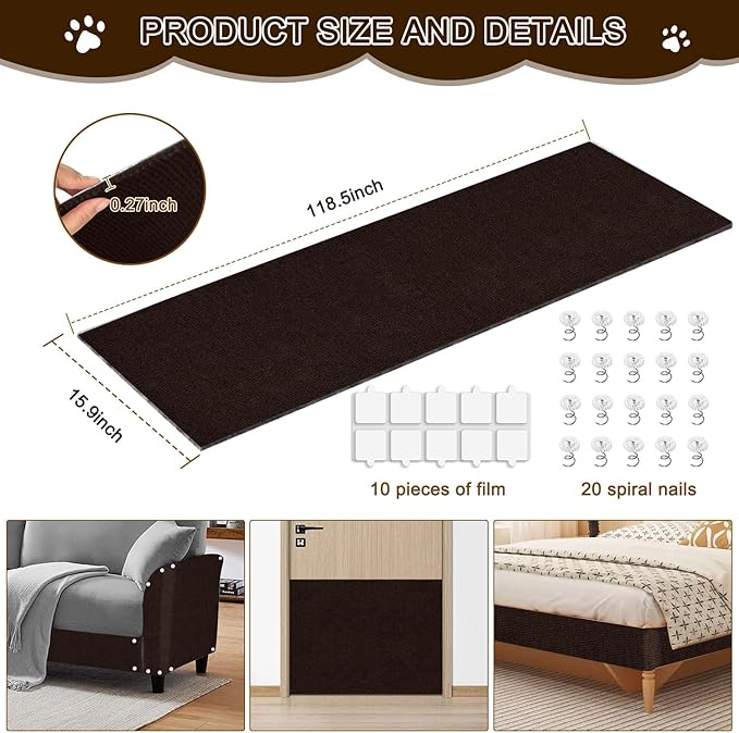 Cat Scratch Mat,118.5"x15.9" Trimmable Self-Adhesive Cats Scratch Carpet,Couch Protector from Cats Claw, Cat Scratch Furniture Protector, Indoor Furniture Protection for Chair, Wall,Sofa (Brown)