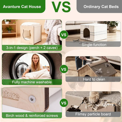 Cat House for Indoor Cats,Wooden Large Cat Bed Cave with 2 Soft Cushion,Warm Cozy Pet Hideaway for Kittens & Big Cats,17.7"x16.9"x19.68" Natural