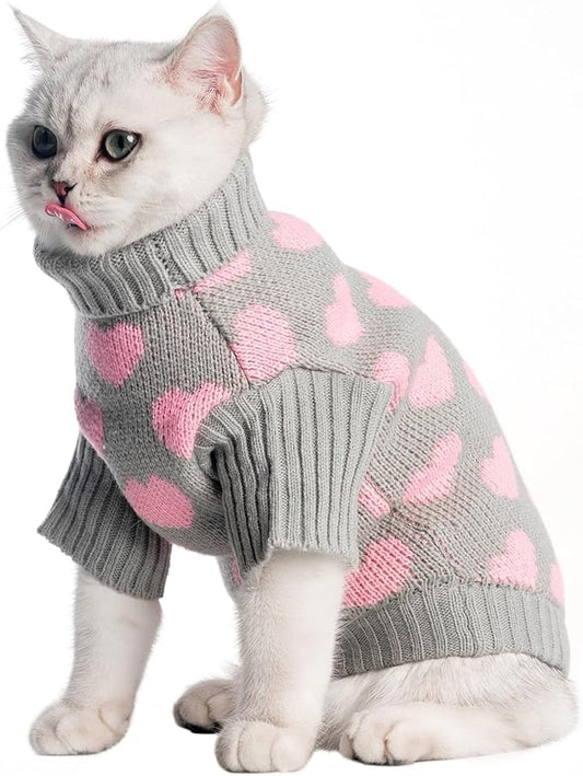 KOOLTAIL Cat Sweater Turtleneck- Soft Knit Cat Sweaters for Cats Only, Heart Love Pattern Thick Warm Cold Weather Clothes, Valentine's Day Pet Outfit for Small Medium Large Size Kitten Puppy Grey L