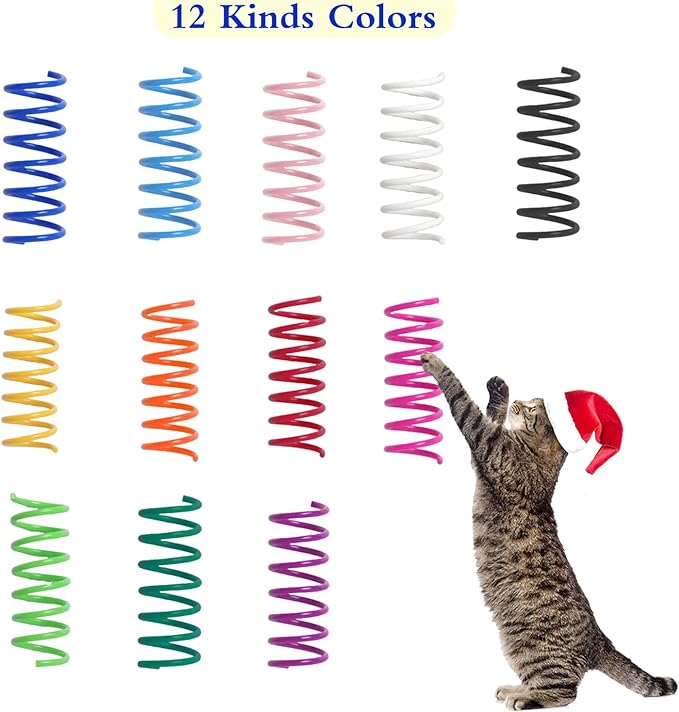 48PCS 12Colors Cat Spring Toys for Indoor Cats, Interactive Coil Springs for Self Play, Durable Heavy Plastic Cat Spiral Spring, Hunting, Biting, Swatting Creative Kitten Toy