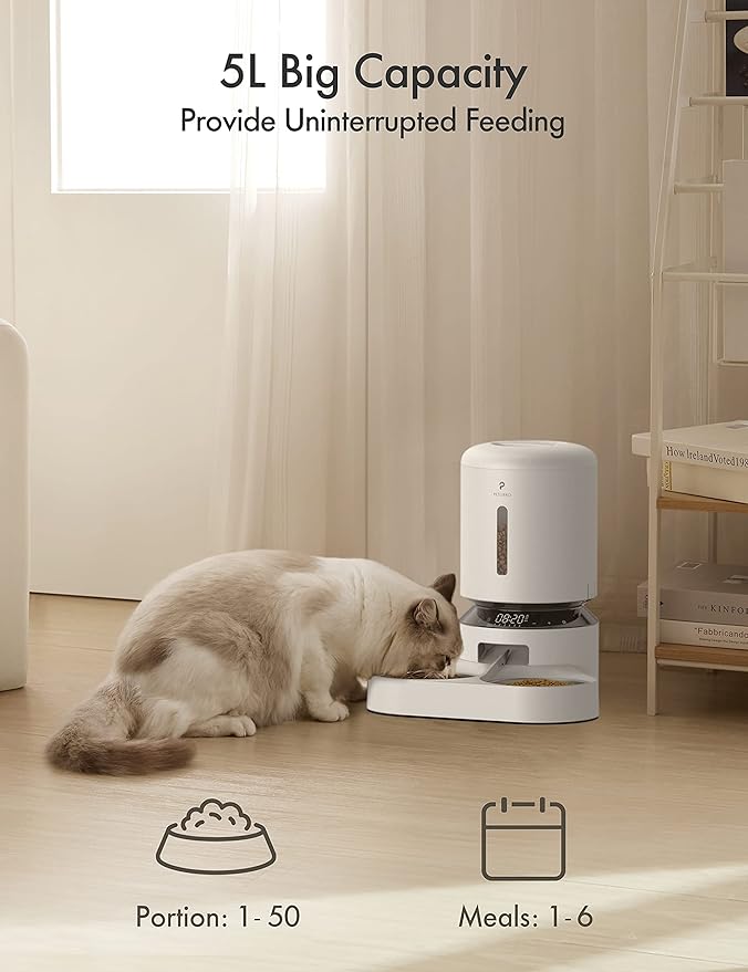 PETLIBRO Automatic Cat Food Dispenser for 2 Pets 5L Auto Dog Feeder Dry Food Dispenser with Splitter & 2 Stainless Bowls, 10s Meal Call and Timer Setting 50 Portions 6 Meals Per Day, Dual Tray Feeder