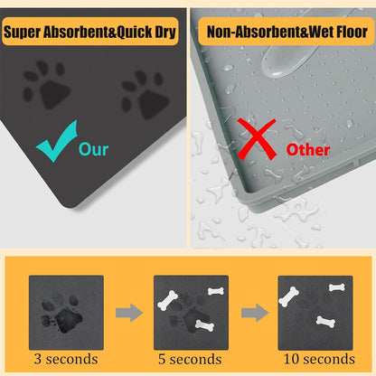 18"×30" Dog Food Mat-Absorbent Dog Mat for Food and Water, No Stains Quick Dry Cat Food Bowl Mat with Footprints for Messy Drinkers,Dark Grey