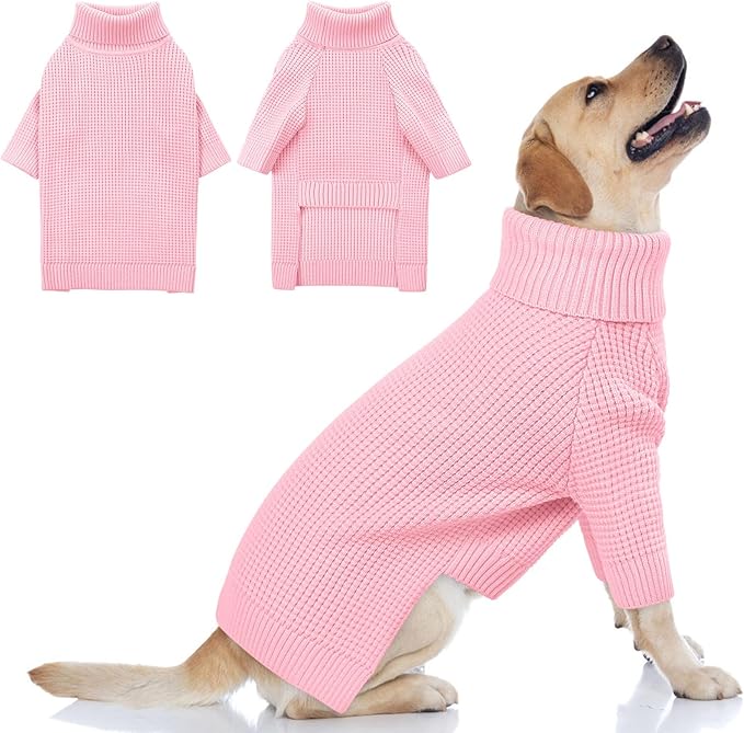 Queenmore Dog Sweaters for Large Dogs, Plaid Large Dog Sweater, Turtleneck Pet KintSweater with Check Pattern, Long Sleeve Holiday Pet Knitwear, Pink L