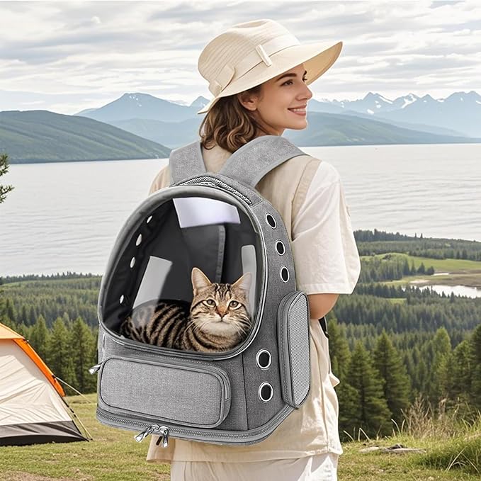 Cat Carrier with Groomer, Breathable Cat Bubble Carrier for Cats or Small Dogs up to 20 lbs, Collapsible Airline Approved, Clear Cat Travel Backpack (Grey)
