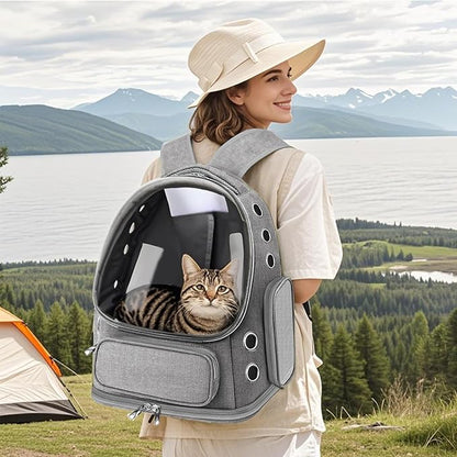 Cat Carrier with Groomer, Breathable Cat Bubble Carrier for Cats or Small Dogs up to 20 lbs, Collapsible Airline Approved, Clear Cat Travel Backpack (Grey)