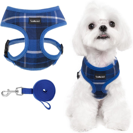 SCENEREAL Puppy Dog Harness with Leash Set for Small Medium Sized Dogs, Soft Mesh Step in Pet Harnesses and Leash, No Chock Plaid Adjustable No Pull Vest for Dogs Cats, Chihuahua,Bulldog (Blue S)