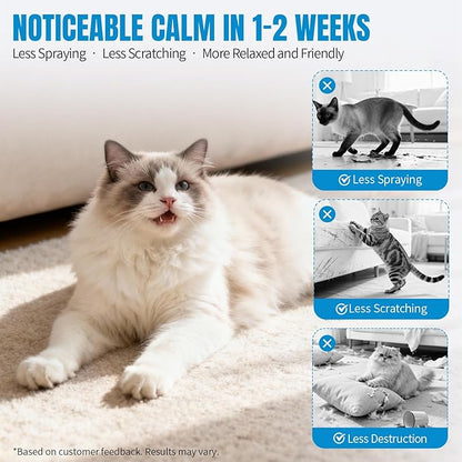 Cat Calming Pheromone Diffuser - Stops Urine Marking & Scratching, Reduce Fighting Spraying Cat Calming Diffuser, Drug-Free Formula for Anxious Cats, 1 Diffuser + 2 Refills Last 60 Days
