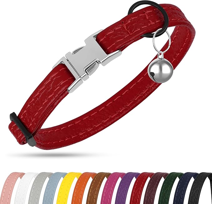 Leather Cat Collar with Buckle and Removable Bell - Non Breakaway Adjustable Soft Safety Small Pet Collars for Girl Boy Cats Kitten (Red)