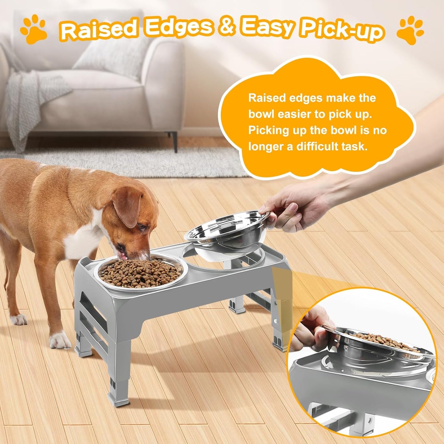 COMESOON Elevated Dog Bowls for Small Medium Dogs, 3 Height Adjustable Raised Stand with 2 Thick 6" Stainless Steel Food Bowls, Non-Slip Feeder Adjusts to 2.75", 6", 7.5", Grey