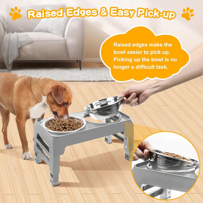 COMESOON Elevated Dog Bowls for Small Medium Dogs, 3 Height Adjustable Raised Stand with 2 Thick 6" Stainless Steel Food Bowls, Non-Slip Feeder Adjusts to 2.75", 6", 7.5", Grey