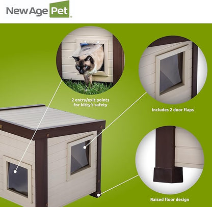New Age Pet ECOFLEX Outdoor Cat House - Durable, Ventilated, Dual Entry, Easy Assembly, Elevated Floor, Heated Pad Compatible, 10-Year Warranty, for Multiple Cats, Maple/Brown