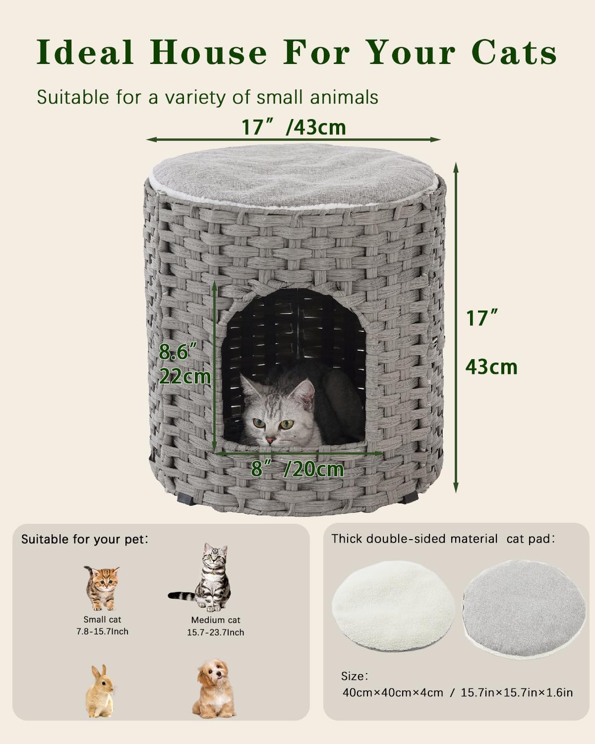 Cat House for Indoor Cat, Large Double Cat Houses Cat Bed Cave, Handwoven Rattan Pet Beds with One Soft Pad, 17 x 17 x 17 Inches Foldable Kitten Hideaway in Living Room Gray