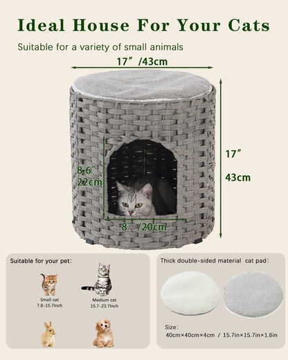 Cat House for Indoor Cat, Large Double Cat Houses Cat Bed Cave, Handwoven Rattan Pet Beds with One Soft Pad, 17 x 17 x 17 Inches Foldable Kitten Hideaway in Living Room Gray