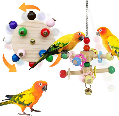 Bird Spinner Toys for Parrots with Bells,Natural Wood Parakeet Toys for Cage,Bird Cage Accessories Chewing Hanging for Small and Medium Birds,Cockatiel,Conure,Lovebird,Budgie,Quaker（2pcs）