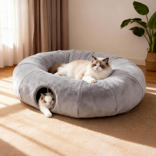 Luxury Plush Cat Tunnel Bed, White Faux Fur, Large Indoor Cat Hideaway, Cozy Sleeping Cave
