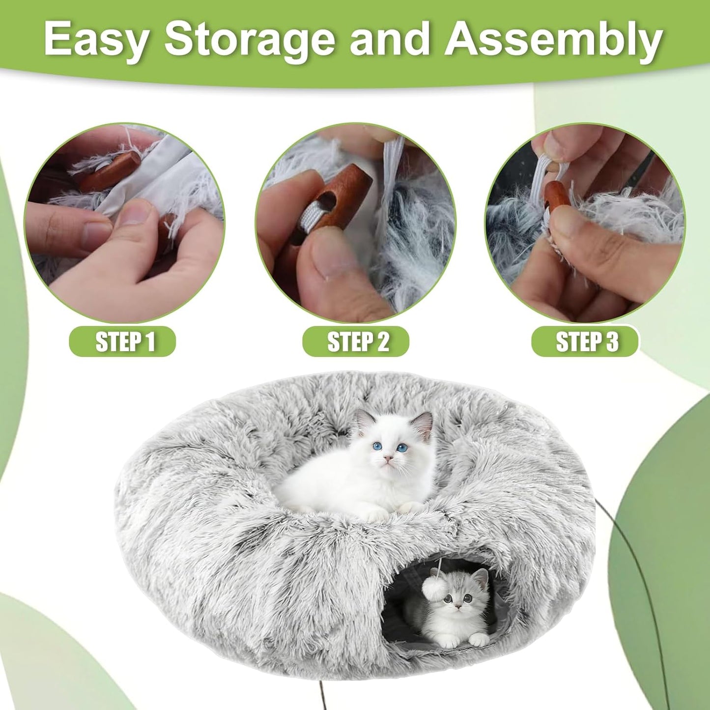 Eonflux Cat Tunnel Bed for Indoor Cats, Large Plush Donut Hideaway Cave with Detachable Washable Cushion - cat Tunnel Bed, Round cat Tunnel,Peekaboo Play Toy for Kittens, Rabbit, Ferret (Grey)