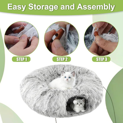 Eonflux Cat Tunnel Bed for Indoor Cats, Large Plush Donut Hideaway Cave with Detachable Washable Cushion - cat Tunnel Bed, Round cat Tunnel,Peekaboo Play Toy for Kittens, Rabbit, Ferret (Grey)