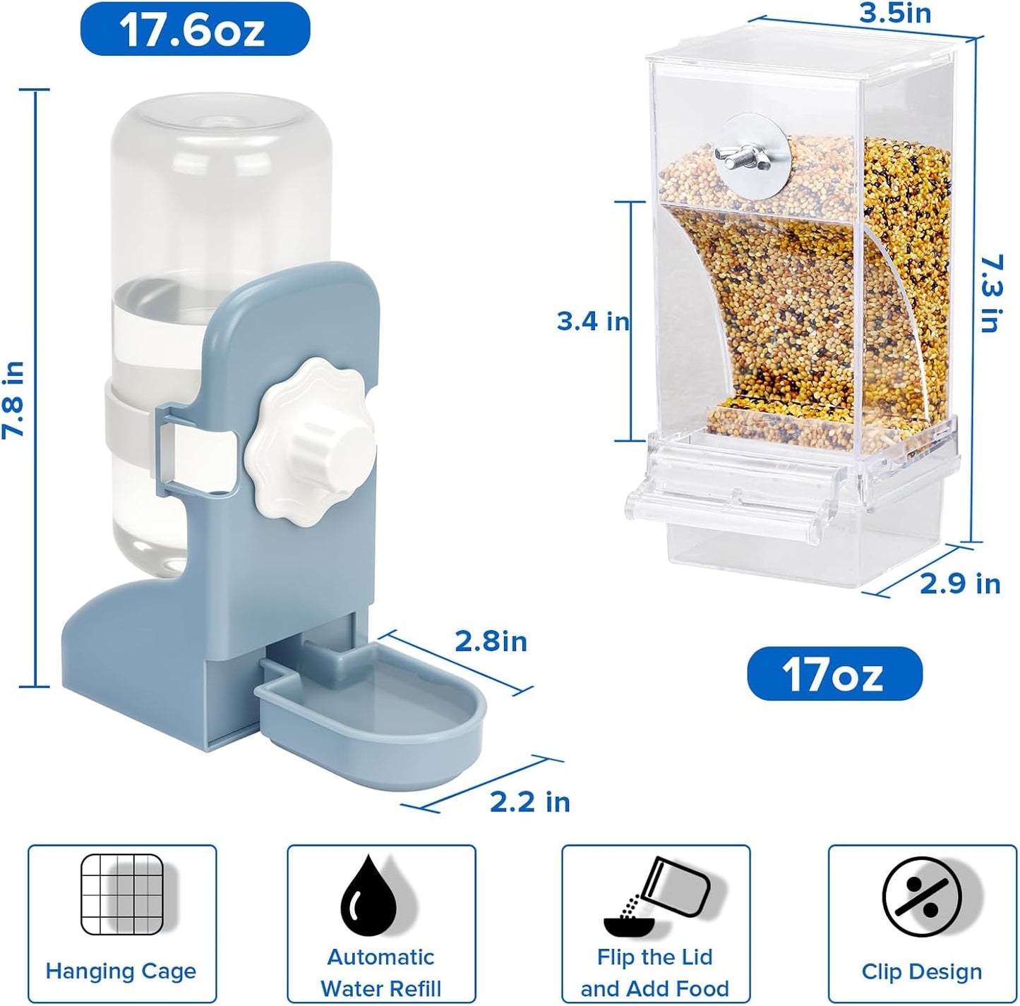 No Mess Bird Feeder Water Dispenser Set, Parakeet Cage Accessories, Bird Feeder and Waterers in Cage for Cockatiels, Finches, Lovebirds, Budgies, Canaries
