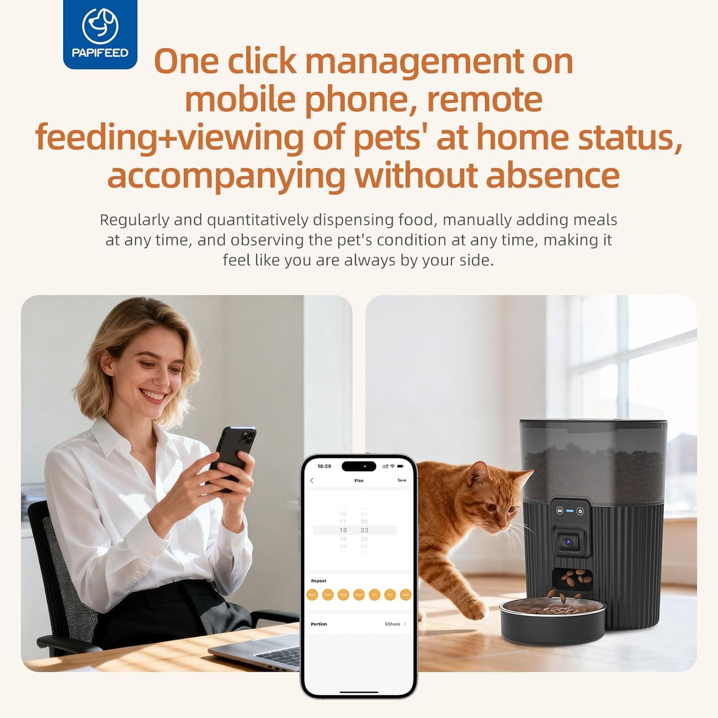PAPIFEED Automatic Cat Feeder with Camera with 84 oz/2.5L Automatic Pet Drinking Fountain，‌Adjustable Angle 2.4G WiFi/App Pet Food Dispenser，3.5L/15 Cup Timed Dispenser with Two-Way Audio
